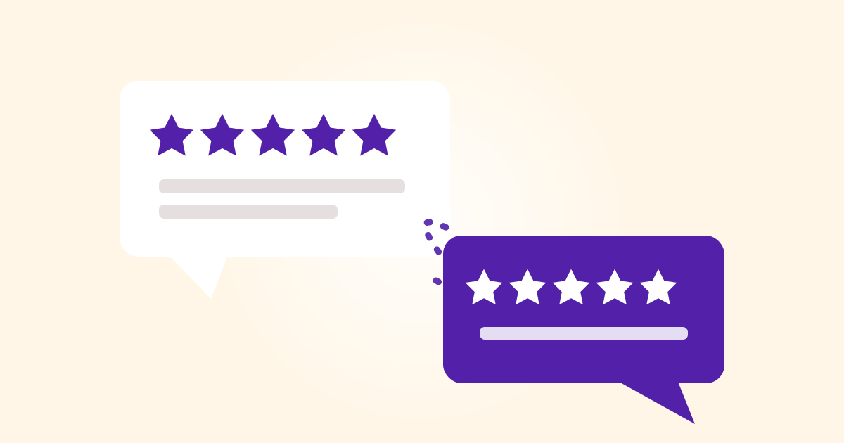 A five star review in one speech bubble being passed along a dotted arc to a second purple bubble, standing for a recommendation travelling by word of mouth