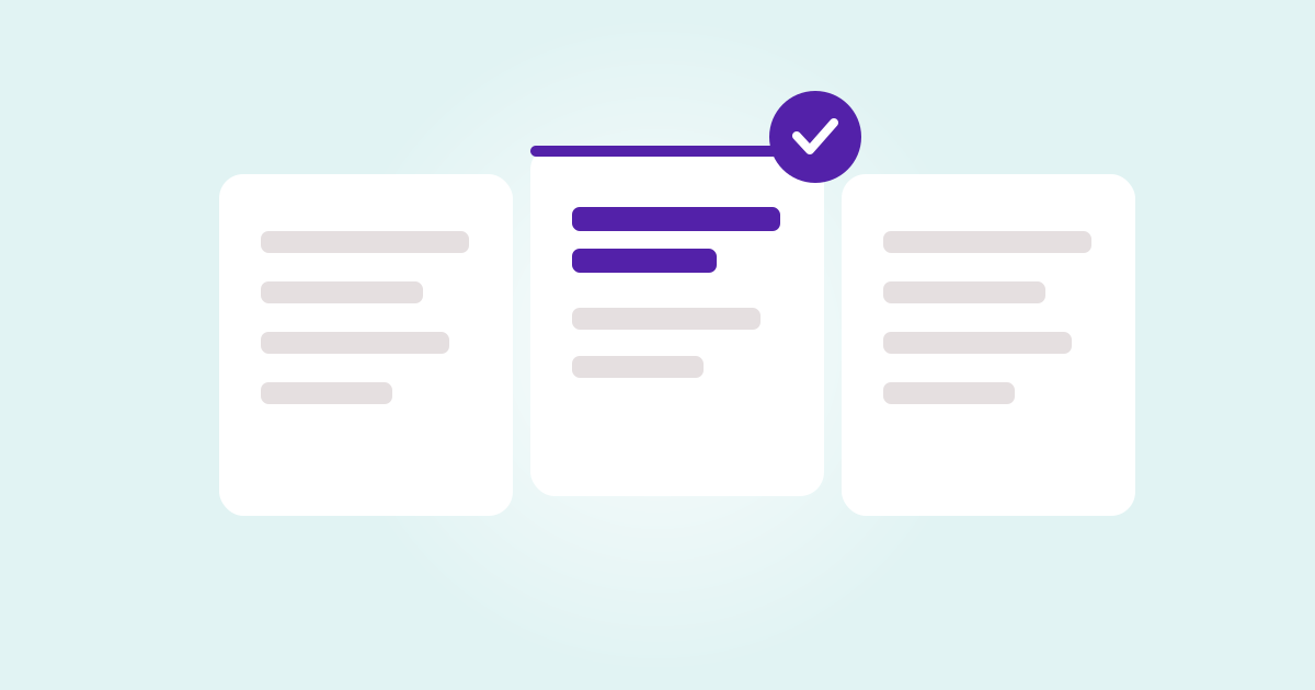 Three signs carrying the same grey text, with one raised, marked with a tick and carrying two bold purple lines, standing for the one that actually says something