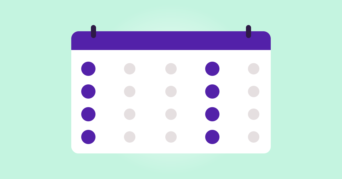 A four week calendar with the same two days filled in purple each week, standing for a steady rhythm rather than a burst of posts