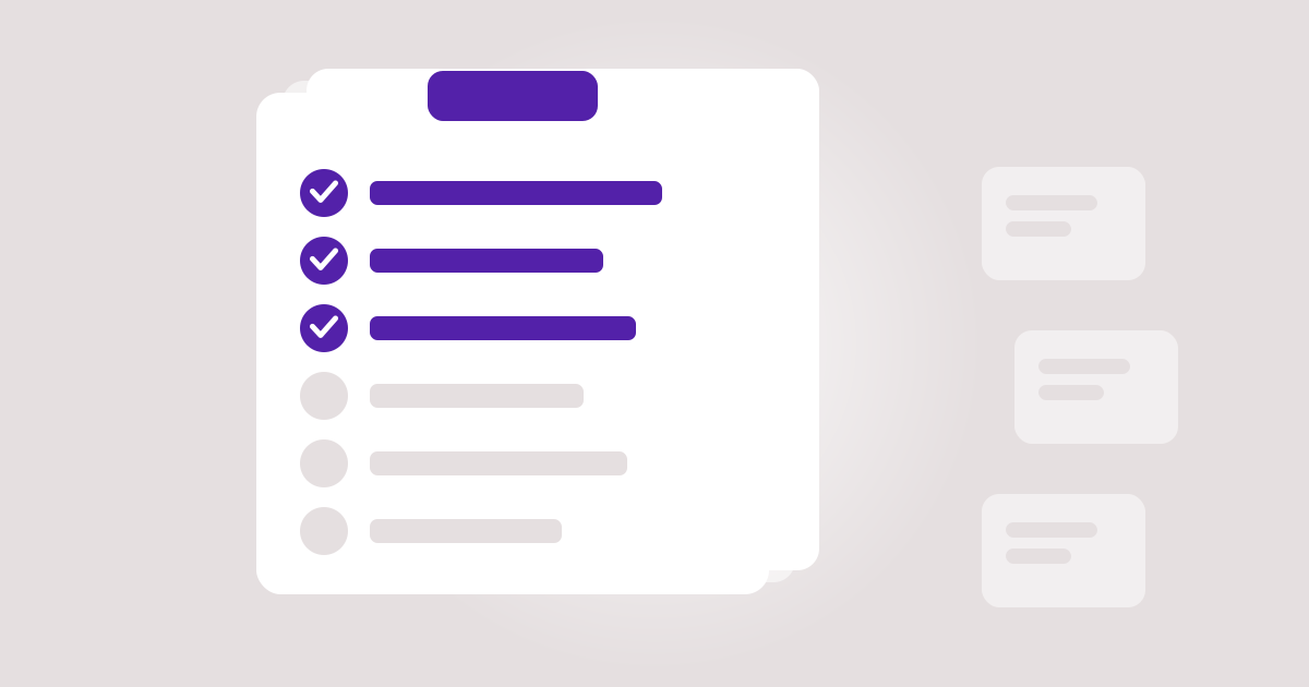 A clipboard with three items ticked in purple and three still grey, beside a faded pile of cards, standing for the short list that matters and the long list that can wait